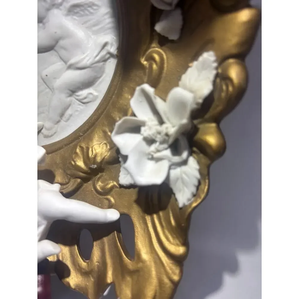 Vintage Art Nouveau Candle Holder Sconce Porcelain Cherubs Angels Gold/ White